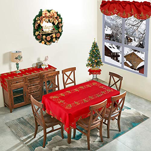 Christmas Holly Tree Embroidered Satin Tablecloth 57x101 Inches - Holiday Decor