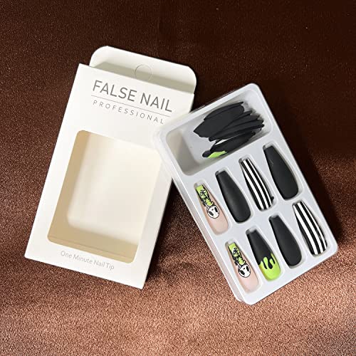 BYETOCE Long Coffin Press On Nails Halloween Black White Stripe Cute Ghost