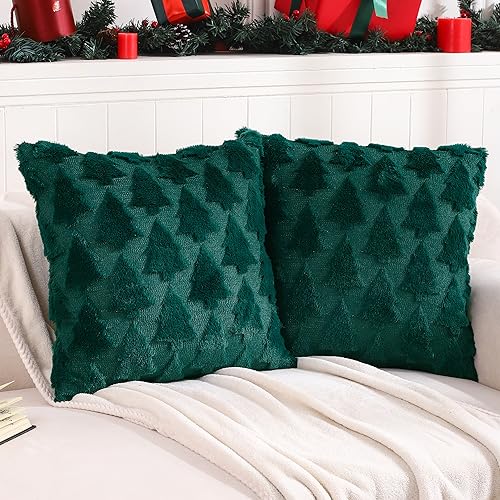 Tosleo Christmas Tree Throw Pillow Covers, Soft Faux Fleece, 18x18, Set of 2