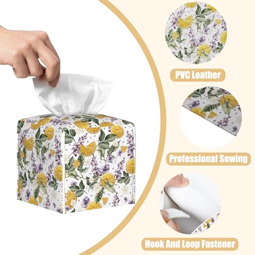 Square Leather Tissue Box Cover - Orange Fruits & Lavender Floral Print