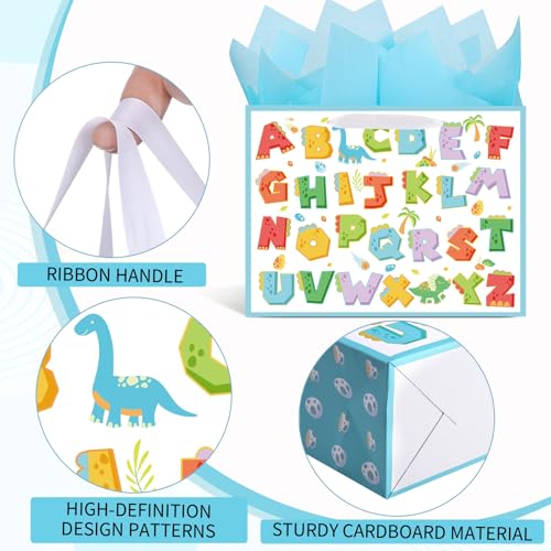 Large Baby Boy Dinosaur Gift Bag with Tissue Paper and Greeting Card
