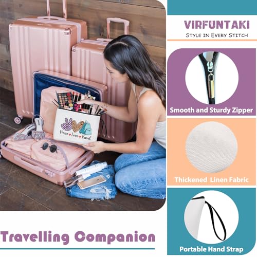 Virfuntaki Linen Travel Cosmetic Bag Peace Love Travel Organizer Pouch