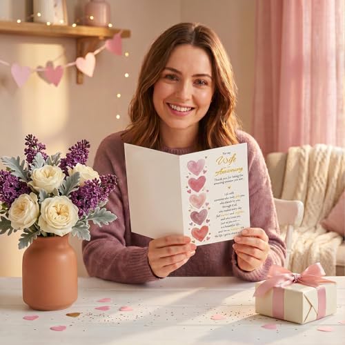 BRYUBR Romantic Watercolor Heart Anniversary Card for Wife from Husband - 8x5.3 Inches with Envelope & Sticker