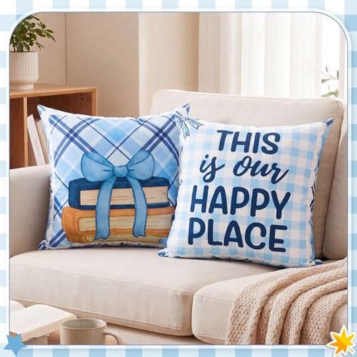 Tranqun Back to School Pillow Covers - 2 Pack 18x18 Inch Blue Gingham
