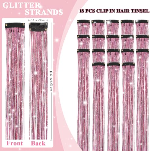 USHUIUS Clip-In Hair Tinsel 18 Pcs 20 Inch Heat-Resistant Pink Glitter Fairy Hair Extensions