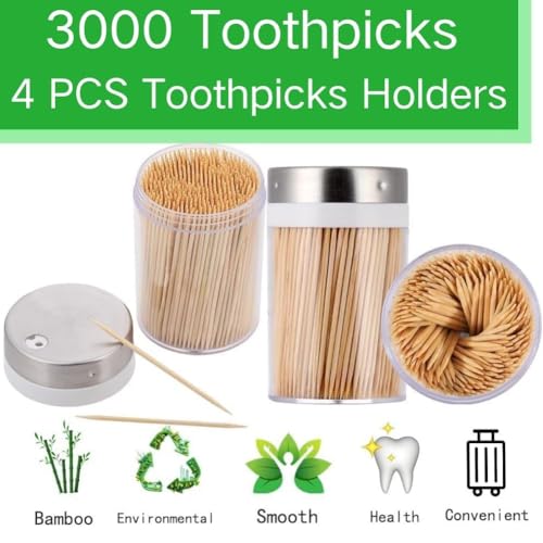 3000 Count Bamboo Toothpicks with 4 Reusable Holders - Sturdy & Eco-Friendly