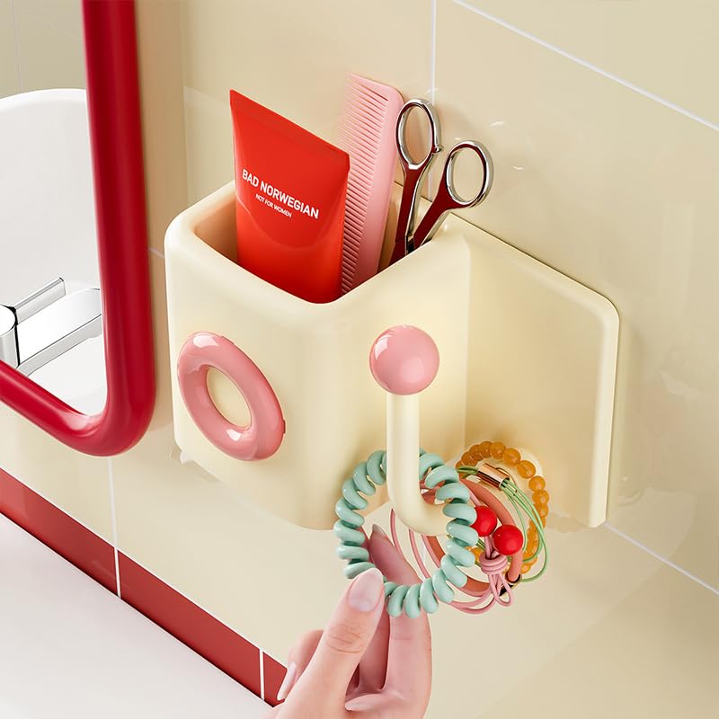 Cream Pink No Drill Toothbrush Holder - Wall Mount Bathroom Organizer