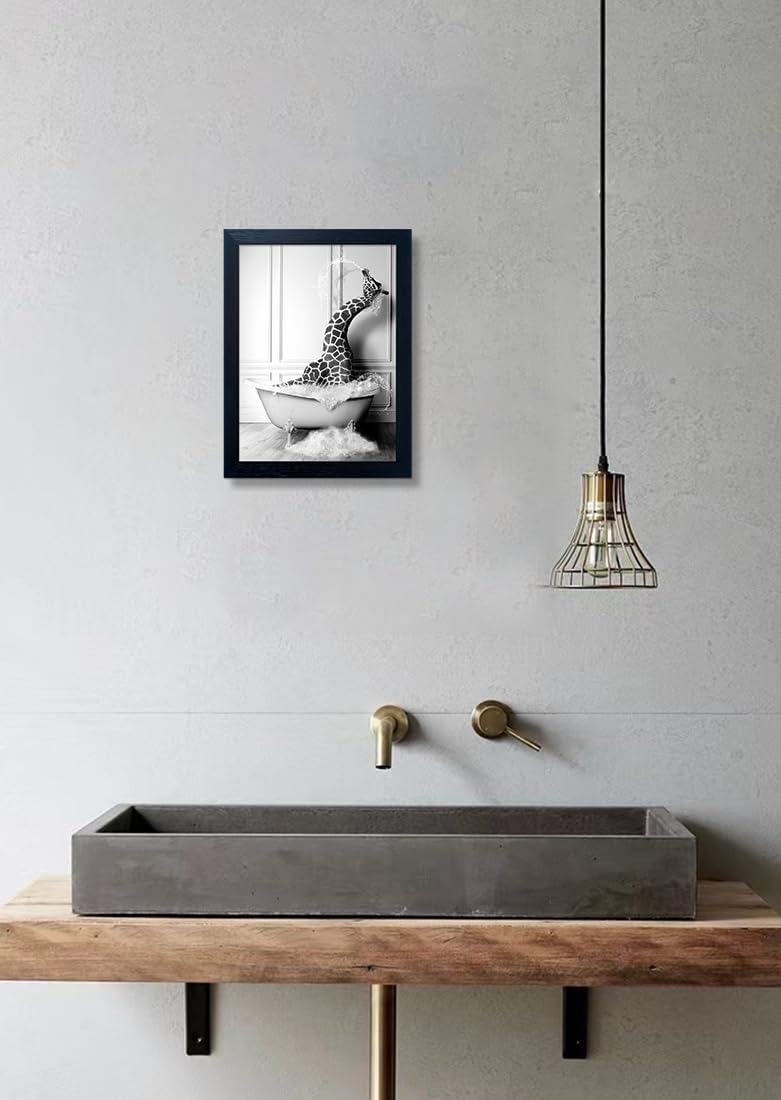 Skiennix Giraffe in Bathtub Canvas Print - Funny Black and White Bathroom Wall Art | Framed Farmhouse Decor