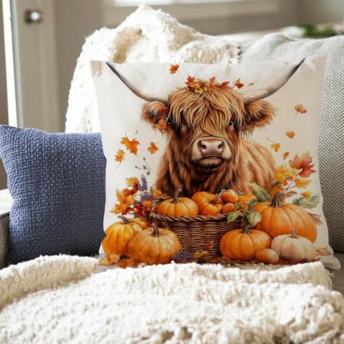 Highland Cow Autumn Pillow Cover 18x18 - Fall Decor with Pumpkins