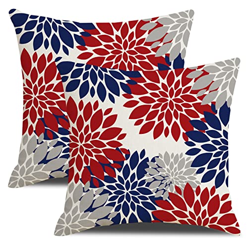 18" x 18" Blue and Red Dahlia Throw Pillow Covers - 2 Pack for 4th of July