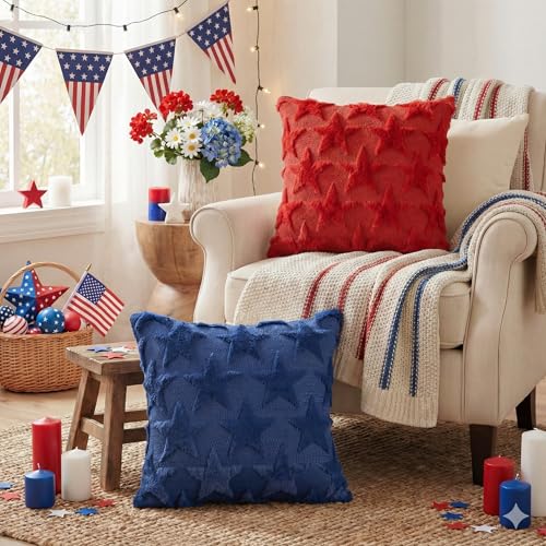 AVOIN Patriotic Stars Throw Pillow Covers, 18x18 Red & Blue, Set of 2
