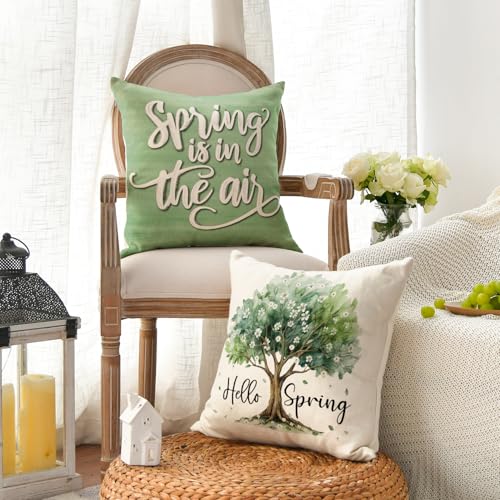 Hello Spring Tree Throw Pillow Covers Set of 4 - 18x18 Inch Eucalyptus Design