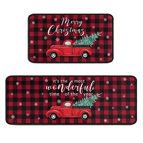 Christmas Red Truck Kitchen Rugs Set - Buffalo Plaid Non Slip Mat & Rug