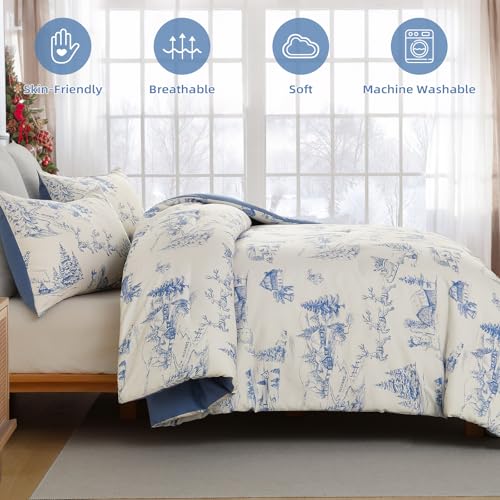 Blue Christmas Comforter Set King - Snowman & Tree Bedding, 104x90"