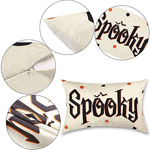 Halloween Pillow Covers Set - Spooky Boo Letter & Web Design, Linen Sofa Cushions, 20x12 Inches