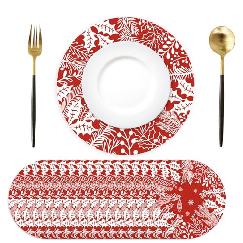 Christmas Red Placemats 50 Pack - Pine Leaves & Holly Holiday Tableware