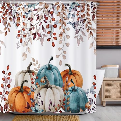 Fall Shower Curtain with Watercolor Pumpkins & Leaves - 72" x 72"