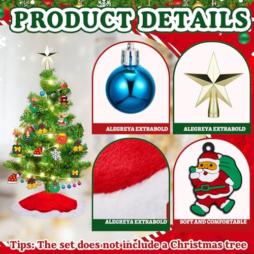 Mini Christmas Tree Ornaments Set with Star Topper, Skirt & Lights - 63 Pieces