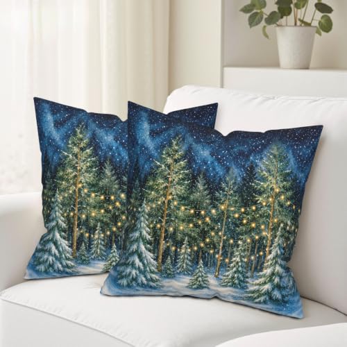 Blue Christmas Pillow Covers 18x18 Inch Set of 2 - Xmas Tree Decor