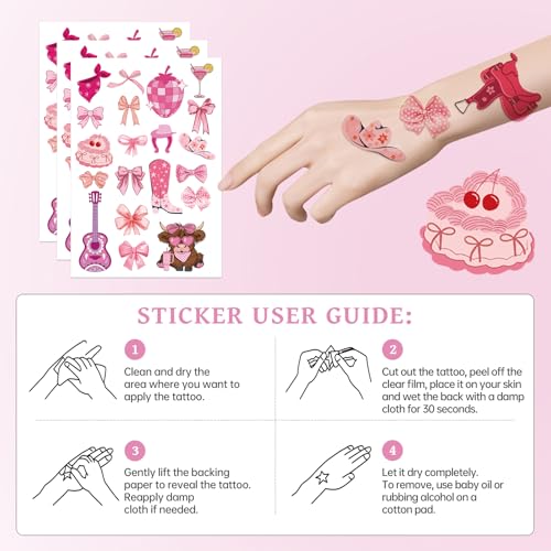 Pink Bow Temporary Tattoos 8 Sheets Cute Coquette Party Favors