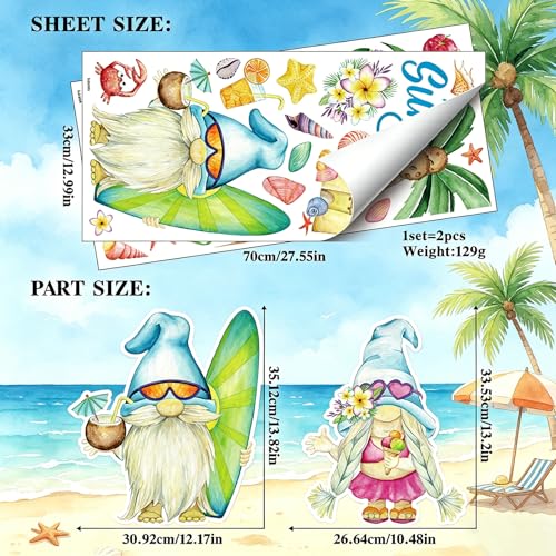 Hello Summer Gnome Window Clings - 2 Large Sheets of Tropical Decor