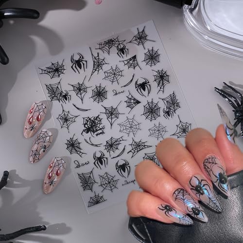Halloween Nail Stickers 4 Sheets 3D Spider Web Decals with Red Rhinestones