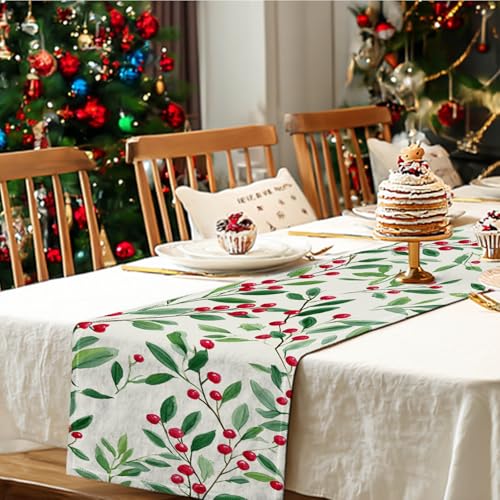 Farmhouse Christmas Table Runner Green Leaves & Berries Decor 13x72 Inches - Burlap