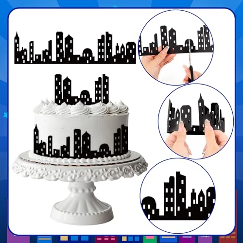 Lemicin 6 Pcs City Cake Side Borders - Black Double-Sided Lighted Skyline Cake Toppers for Birthday Parties