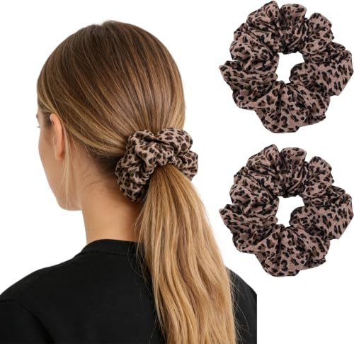 Leopard Print Satin Hair Scrunchies - 2 Pcs Large Cheetah Hair Ties
