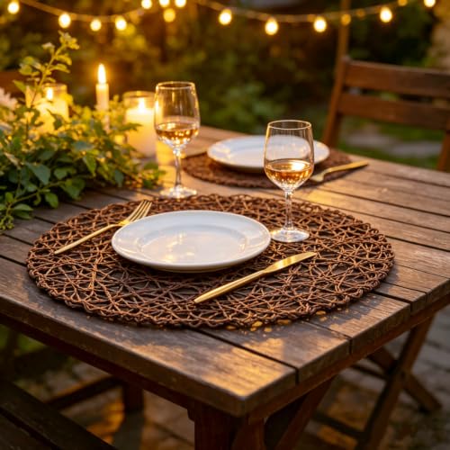 IcosaMro Set of 12 Round Brown Placemats - 13 Inch Woven Paper Table Decor