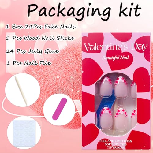 Valentine French Tip Press on Nails Short Almond Pink Heart Acrylic Kit