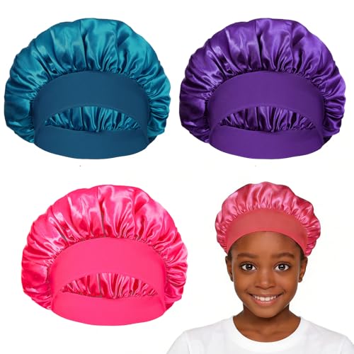 Ajcotahm 3-Pack Satin Sleep Bonnets for Kids - Silk Hair Caps with Wide Bands