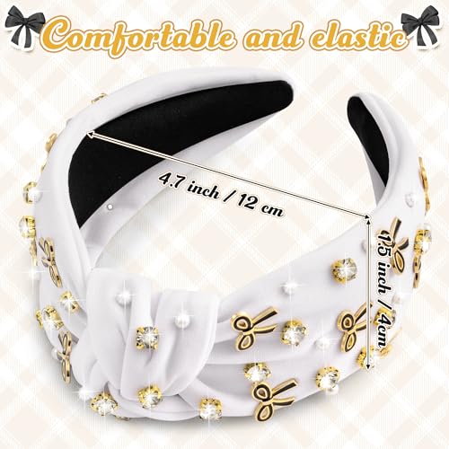 PANTIDE Rhinestone Jeweled Knotted Headband with Black Bow - White