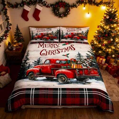 Christmas King Size Duvet Cover Set with Truck & Checkered Design - Rustic Holiday Bedding 3Pcs