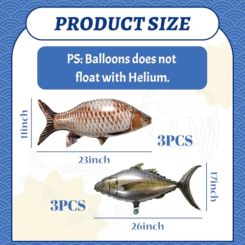 Realistic Fish Balloons Set - 6pcs Tuna & Carp Foil Balloons for Fishing Party Decor