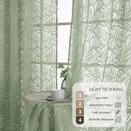 OVZME Sage Green Sheer Curtains 63 Inch Length, Leaf Jacquard 2-Panel Set