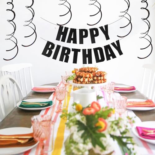 Black Glitter Happy Birthday Banner with Hanging Swirls - 7pcs Set