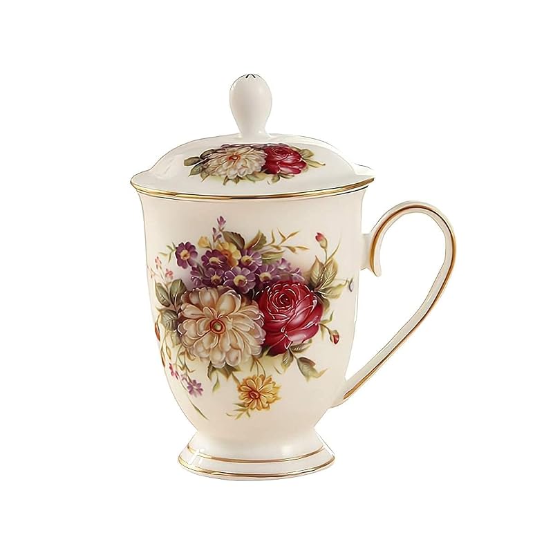 Floral 10oz Ceramic Mug with Gold Rim & Lid - Fine Bone China Tea Cup