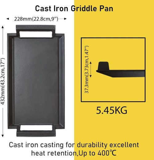 COVERCOOK Cast Iron Griddle Pan - Rectangular Grill Hot Plate for Electric & Induction Stoves | 16.7 x 9.1 in