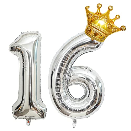32-Inch Silver Number 16 Balloon with Mini Crown - Birthday Party Decor