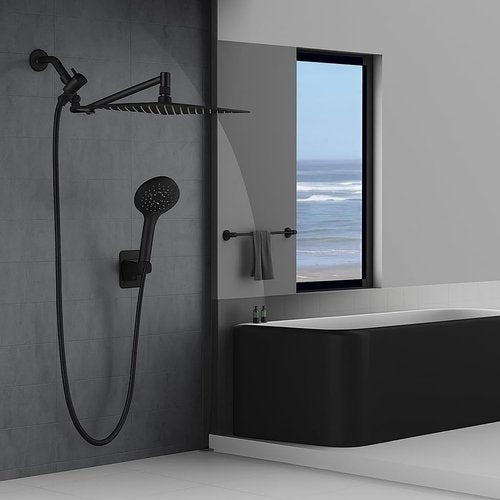 Peicuai Shower Head Combo, 10-Inch High-Pressure Rainfall Shower Head with 11-Inch Adjustable Extension Arm, 5-Setting Matte Black Handheld Shower with Long Hose, Powerful Spray for Low Water Pressure
