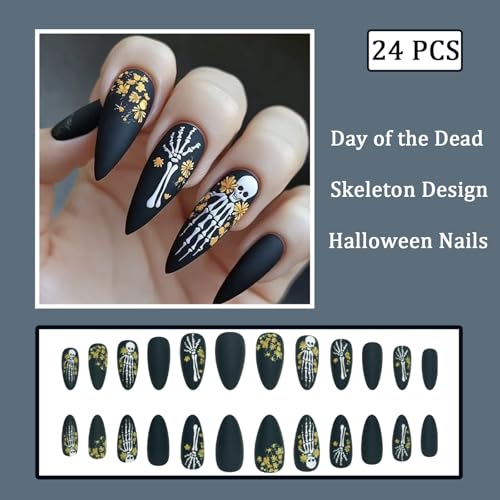 GCSQW Medium Almond Halloween Press on Nails Black Matte Skeleton Fake Nails