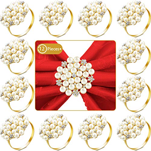 72 Pack Gold Napkin Rings with Pearls and Rhinestones - Flower Design