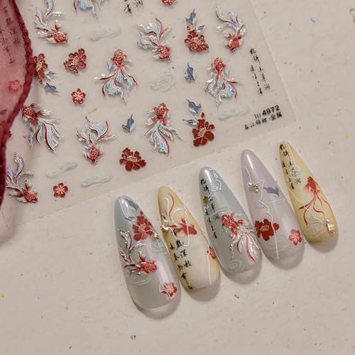 5D Embossed Golden Koi Fish Nail Art Stickers Spring Flowers Decals
