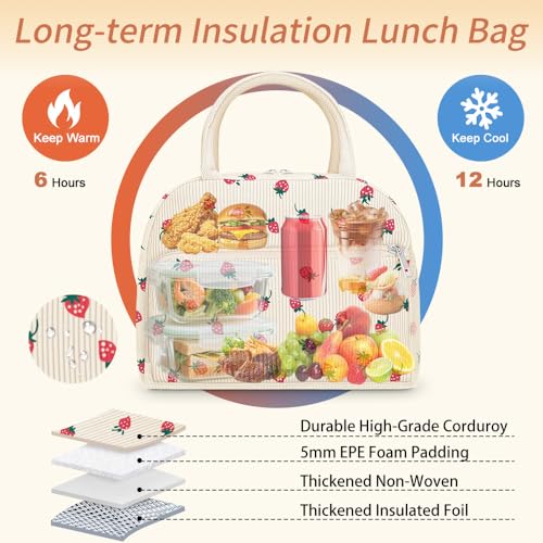 Coobiiya Corduroy Insulated Lunch Bag - Large Capacity Tote, Strawberry