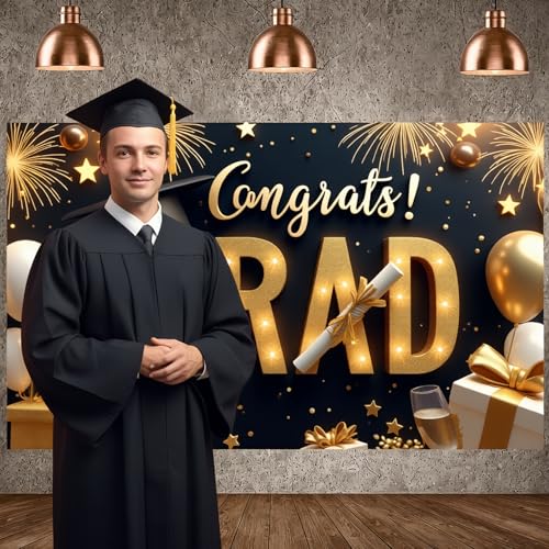 Congrats Grad Banner - Black Gold Graduation Party Decoration 2026