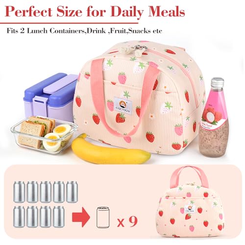 CaCTOUR Small Strawberry Corduroy Insulated Lunch Bag for Women & Girls
