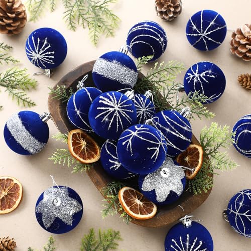 24 Pcs Royal Blue Velvet Glitter Christmas Ornaments Shatterproof Balls