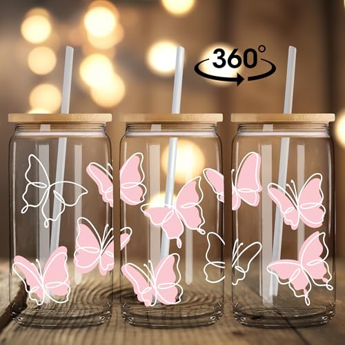 Pink Butterfly Glass Cup with Lids and Straws - Trendy Iced Coffee Tumbler - Variation 08-Pink Butterfly