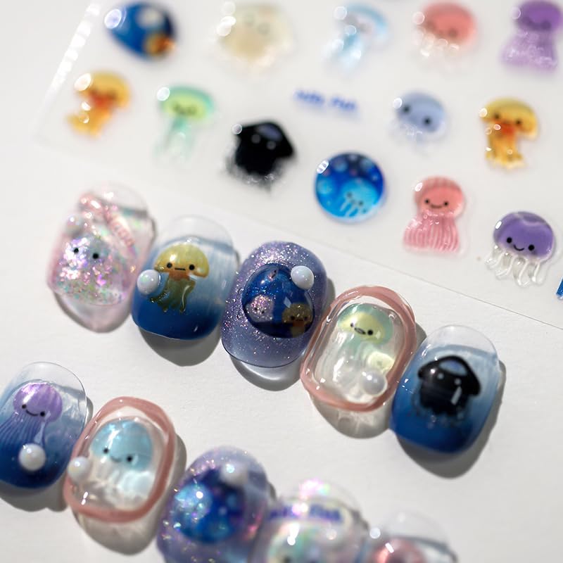 Jellyfish Nail Stickers Ocean Kawaii 3D Self-Adhesive Nail Decals DIY Art